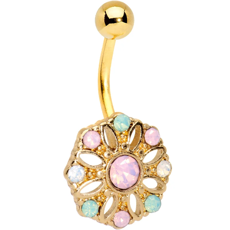 Belly Rings for Piercings -Pink Gem Gold Tone Anodized Rounded Flower Belly Ring