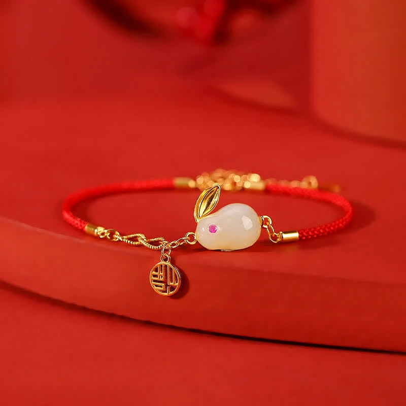 Colored Stone Bangles for Women-Buddha Stones 925 Sterling Silver Year of the Rabbit Hetian White Jade Luck Blessing Red String Bracelet