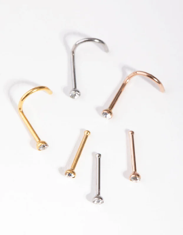 Nose Rings for All Ages -Mixed Metals Diamante Nose Stud 6-Pack