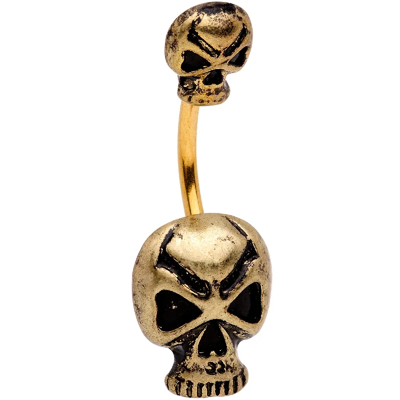 Stunning Belly Rings for Glamorous Fashion -Gold Tone Scary Double Skull Halloween Double Mount Belly Ring