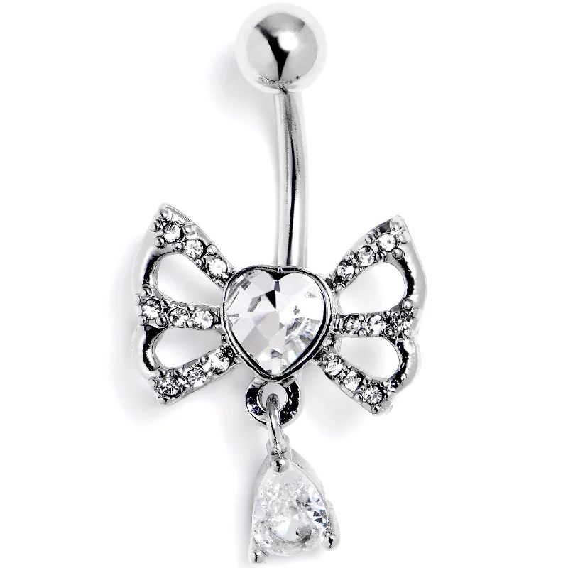 Stunning Belly Rings for Bold Fashion -Clear CZ Gem Heart In A Bow Dangle Belly Ring Stunning Belly Rings for Bold Fashion -Clear CZ Gem Heart In A Bow Dangle Belly Ring