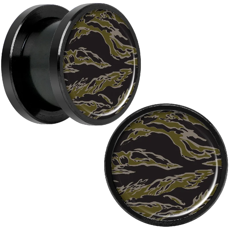 Women's Earrings – Elegant Designs for Every Personality--Tiger Camo Print Black Anodized Screw Fit Plug Set 1/2 Women's Earrings – Elegant Designs for Every Personality--Tiger Camo Print Black Anodized Screw Fit Plug Set 1/2