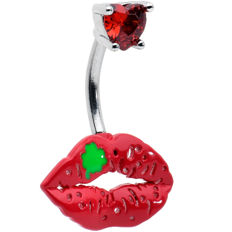 Beautiful Belly Rings with Dazzling Shine -Red CZ Gem Lucky Lips St Patrick's Double Mount Belly Ring Beautiful Belly Rings with Dazzling Shine -Red CZ Gem Lucky Lips St Patrick's Double Mount Belly Ring