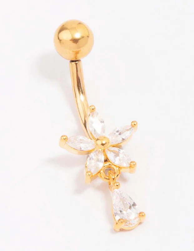 Comfortable Belly Rings for Bold Looks -Gold Plated Titanium Cubic Zirconia Flower Pear Belly Piercing