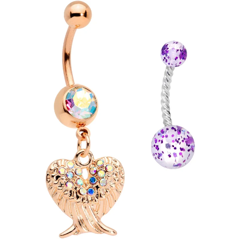 Stylish Belly Rings for Bold Fashion Statements -Aurora Gem Rose Gold Tone Angel Wings Purple Confetti Belly Ring Set of 2 Stylish Belly Rings for Bold Fashion Statements -Aurora Gem Rose Gold Tone Angel Wings Purple Confetti Belly Ring Set of 2