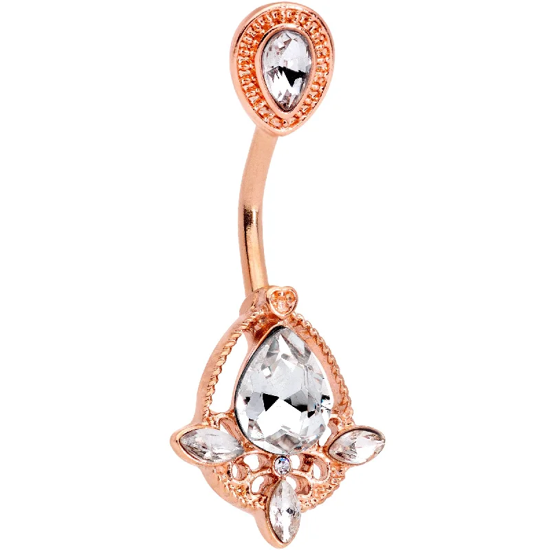 Unique Belly Rings with Sparkling Features -Clear Gem Rose Gold Tone Tear Drop Heaven Double Mount Belly Ring Unique Belly Rings with Sparkling Features -Clear Gem Rose Gold Tone Tear Drop Heaven Double Mount Belly Ring