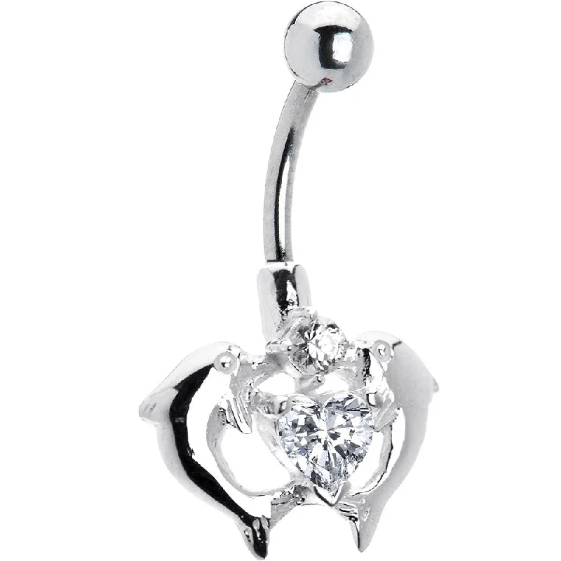 Beautiful Belly Rings for Glamorous Effect -Sterling Silver 925 Crystalline KISSING DOLPHINS Belly Ring