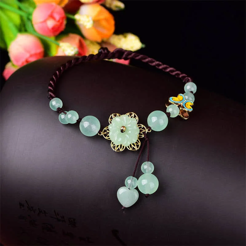 Custom Anklets with Stunning Designs-Buddha Stones Flower Jade Butterfly Luck Abundance Charm Anklet Custom Anklets with Stunning Designs-Buddha Stones Flower Jade Butterfly Luck Abundance Charm Anklet