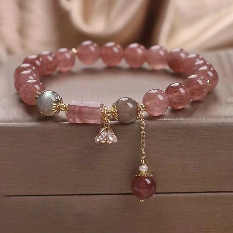 Bangles for Women with Intricate Detailing-Buddha Stones Natural Strawberry Quartz Zircon Flower Positive Charm Bracelet Bangles for Women with Intricate Detailing-Buddha Stones Natural Strawberry Quartz Zircon Flower Positive Charm Bracelet
