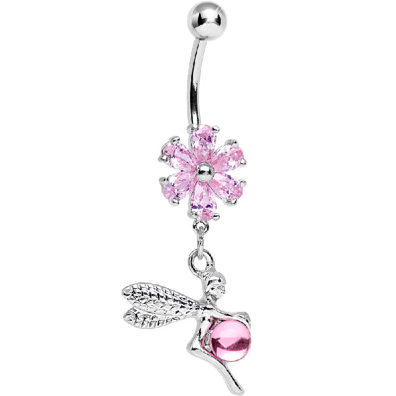 Comfortable Belly Rings with Smooth Texture -Pink CZ Flower Topped Orb and Fairy Dangle Belly Ring Comfortable Belly Rings with Smooth Texture -Pink CZ Flower Topped Orb and Fairy Dangle Belly Ring