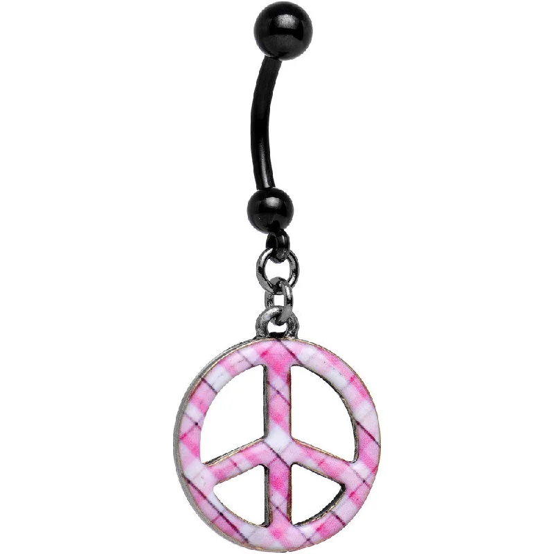 Designer Belly Rings for Stunning Style -Black Anodized Titanium Pink Plaid Peace Symbol Dangle Belly Ring Designer Belly Rings for Stunning Style -Black Anodized Titanium Pink Plaid Peace Symbol Dangle Belly Ring