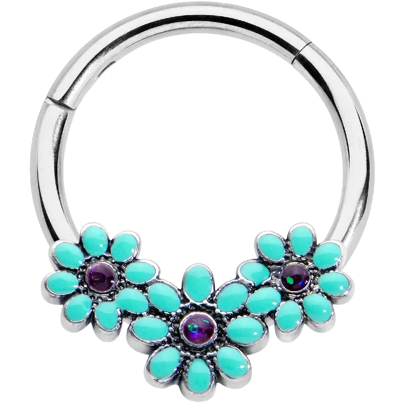 Women's Earrings – Elegant Designs for Every Personality--16 Gauge 3/8 Blue Gem Flower Trio Teal Petals Hinged Segment Ring
