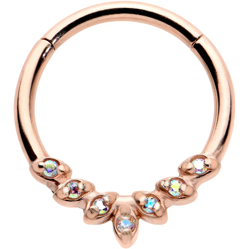Nose Rings for Everyday Use -16 Gauge 3/8 Aurora CZ Gem Rose Gold Hue Seven Leaf Hinged Segment Ring Nose Rings for Everyday Use -16 Gauge 3/8 Aurora CZ Gem Rose Gold Hue Seven Leaf Hinged Segment Ring