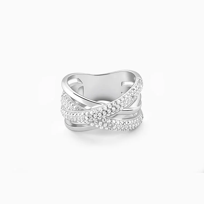Chic Women's Rings for Fashion-Forward Looks-Silver Zircon Weave Ring