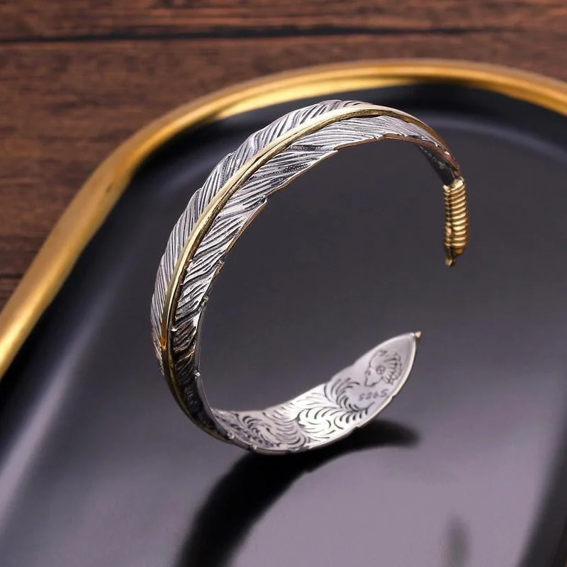 Men's Bracelets with Personalized Touches-Buddha Stones Feather Pattern Carved Luck Wealth Cuff Bracelet Bangle Men's Bracelets with Personalized Touches-Buddha Stones Feather Pattern Carved Luck Wealth Cuff Bracelet Bangle