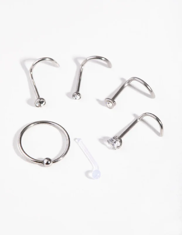 Unique Nose Rings -Surgical Steel Mixed Diamante Nose Stud & Ring 6-Pack