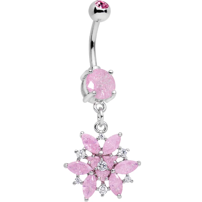Unique Belly Rings with Sparkling Stones -Pink CZ Gem Epic Ice Flower Dangle Belly Ring Unique Belly Rings with Sparkling Stones -Pink CZ Gem Epic Ice Flower Dangle Belly Ring