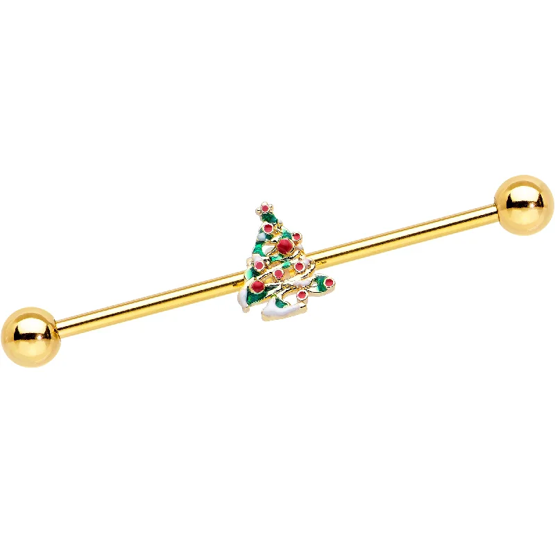 Women's Earrings – Elegant Designs for Every Personality--14 Gauge Gold Tone Snowy Christmas Tree Holiday Industrial Barbell 38mm