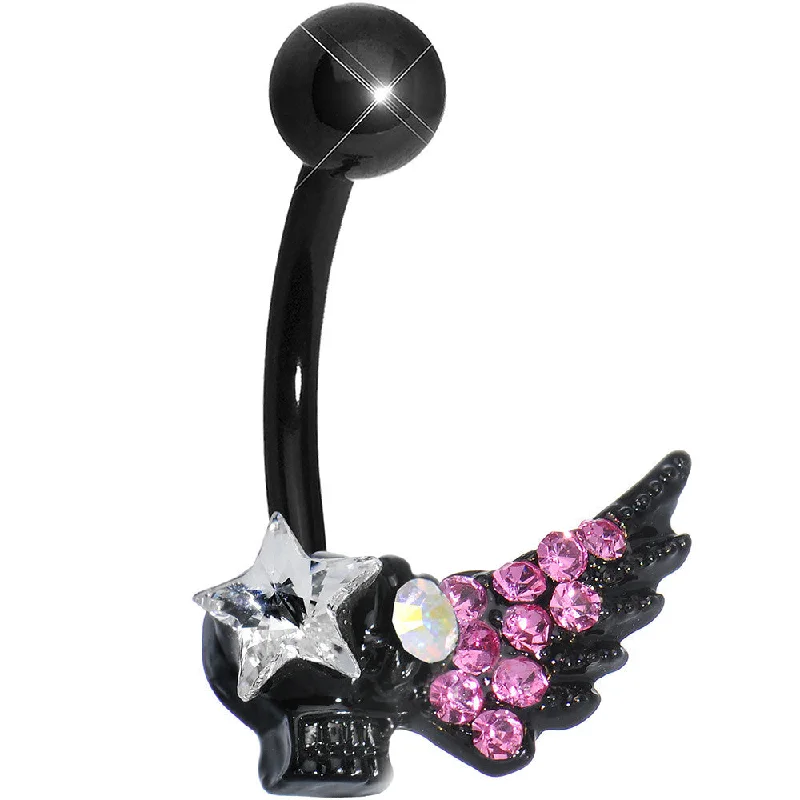 Comfortable Belly Rings for Everyday Style -Pink Gem Rock Star Shimmering Wing Black Skull Belly Ring Comfortable Belly Rings for Everyday Style -Pink Gem Rock Star Shimmering Wing Black Skull Belly Ring