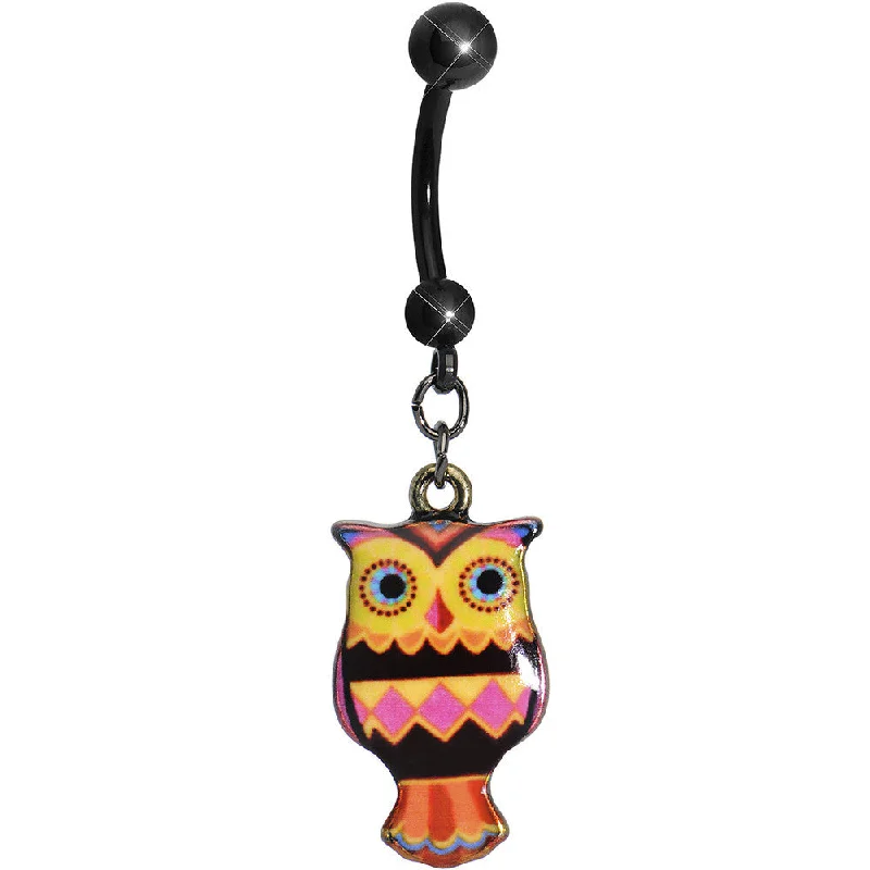 Designer Belly Rings for Exclusive Style -Pink and Yellow Patchwork Artistic Owl Dangle Belly Ring
