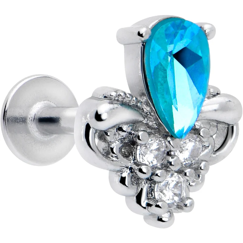 Beautiful Silver Lip Rings16 Gauge 1/4 Blue Gem Style Simplicity Labret Monroe Tragus