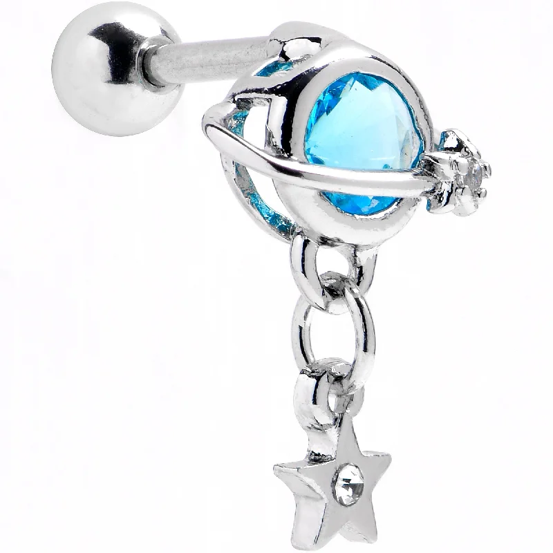 Women's Earrings – Elegant Designs for Every Personality--16 Gauge 1/4 Blue CZ Gem Starry Saturn Dangle Cartilage Tragus Earring