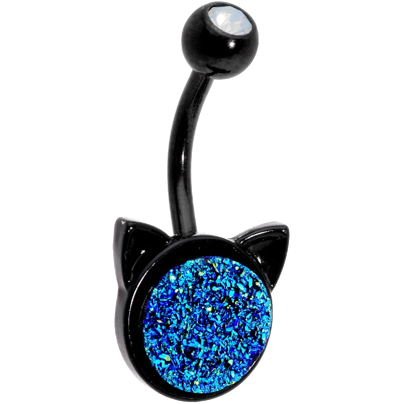 Comfortable Belly Rings for Unique Fashion -Clear Gem Blue Faux Druzy Quartz Black Here Pretty Kitty Cat Belly Ring Comfortable Belly Rings for Unique Fashion -Clear Gem Blue Faux Druzy Quartz Black Here Pretty Kitty Cat Belly Ring