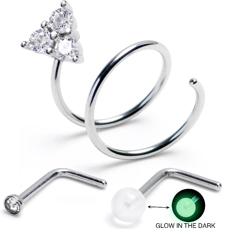 Statement Nose Rings -20 Gauge Clear Gem Spiral Glow In Dark L Shape Nose Ring Set of 3