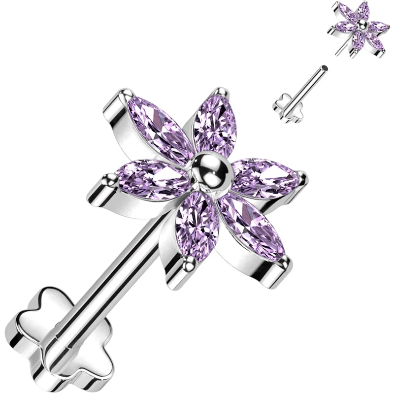 Women's Earrings – Elegant Designs for Every Personality--18 Gauge 5/16 Purple CZ Gem Style Flower Medical Grade Titanium Reversible Flat Back Earring
