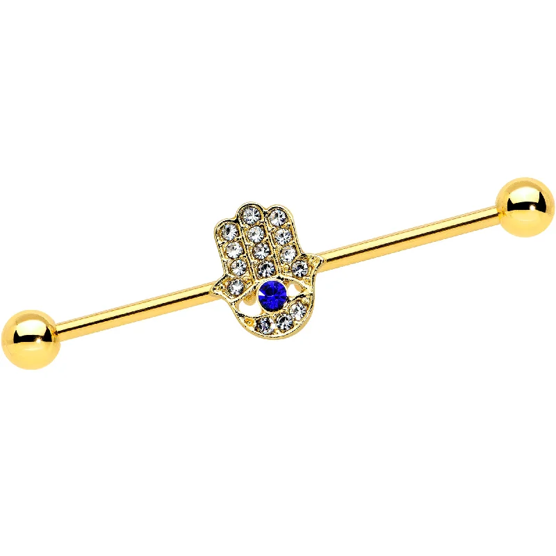 Women's Earrings – Elegant Designs for Every Personality--14 Gauge Blue Gem Gold Tone Hamsa Hand Eye Industrial Barbell 38mm