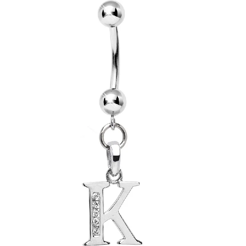Silver Belly Rings for Classic Look -16 Gauge Solid 14kt White Gold CZ Initial K Belly Ring Silver Belly Rings for Classic Look -16 Gauge Solid 14kt White Gold CZ Initial K Belly Ring