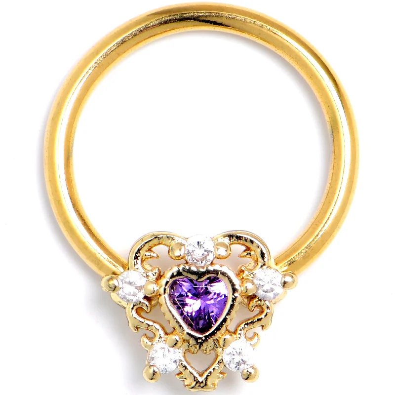 Women's Earrings – Elegant Designs for Every Personality--16 Gauge Purple CZ Gem Gold Tone Heart of Love BCR Captive Ring