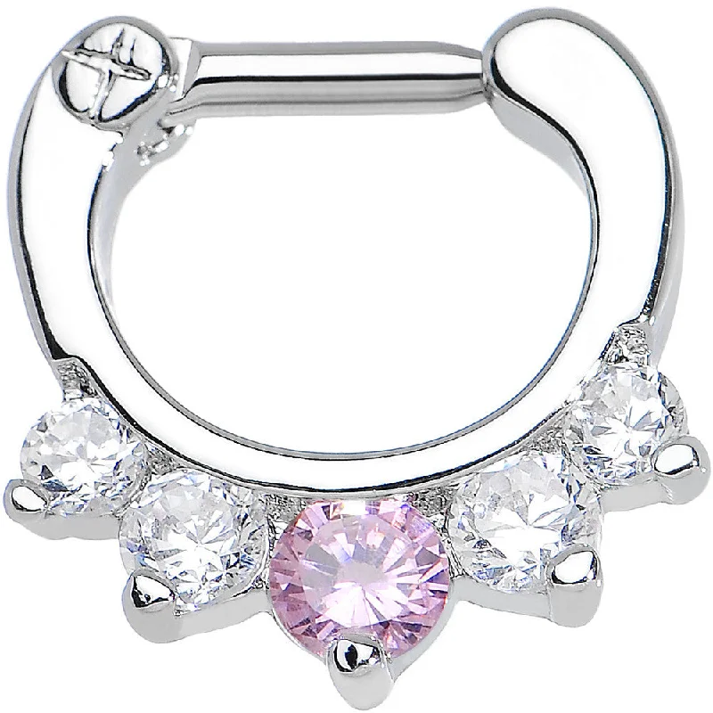 Customizable Nose Rings -14 Gauge 1/4 Five Clear and Pink Cubic Zirconia Septum Clicker Customizable Nose Rings -14 Gauge 1/4 Five Clear and Pink Cubic Zirconia Septum Clicker
