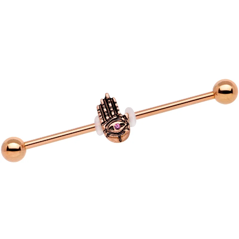 Women's Earrings – Elegant Designs for Every Personality--Pink Gem Rose Gold Tone Hamsa Eye Industrial Barbell 38mm