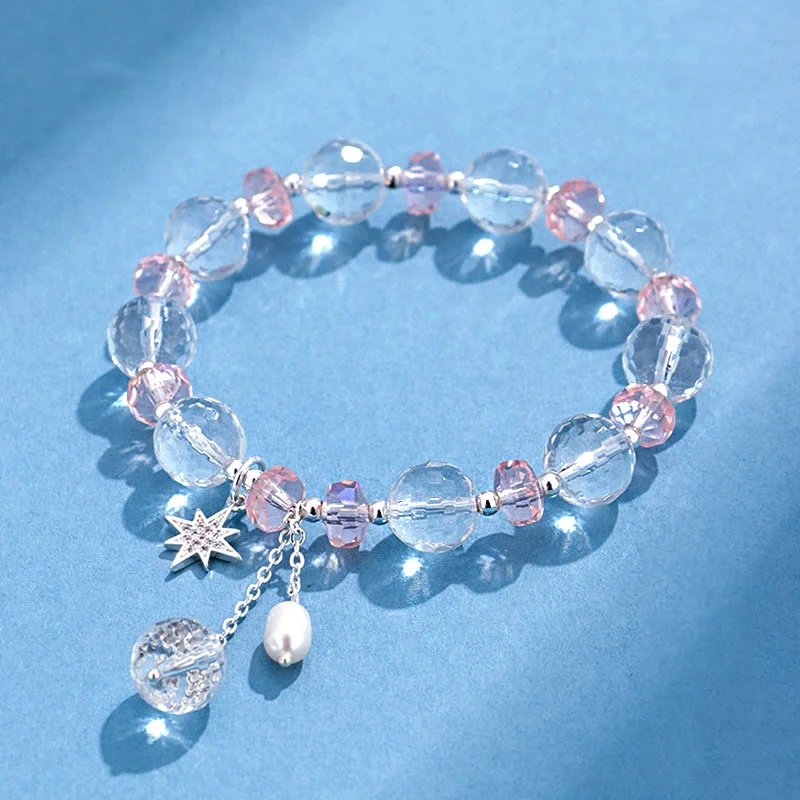 Thin Gold Bangles for Women-Buddha Stones White Crystal Pink Crystal Protection Star Charm Bracelet Thin Gold Bangles for Women-Buddha Stones White Crystal Pink Crystal Protection Star Charm Bracelet