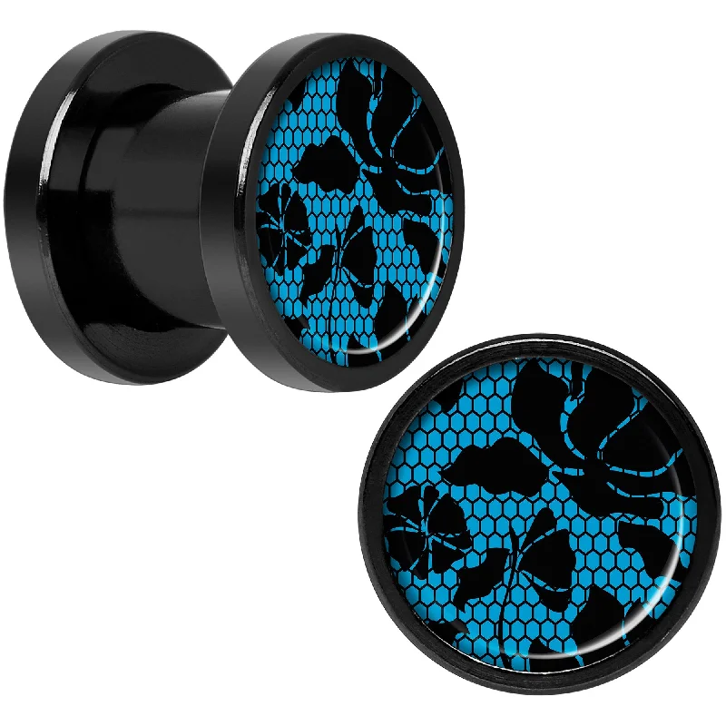 Women's Earrings – Elegant Designs for Every Personality--Blue Floral Lace Black Anodized Screw Fit Plug Set 0 Gauge Women's Earrings – Elegant Designs for Every Personality--Blue Floral Lace Black Anodized Screw Fit Plug Set 0 Gauge