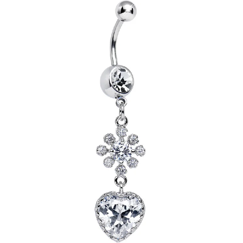 Chic Belly Rings for Stylish Looks -Clear CZ Flower Bomb and Heart Dangle Belly Ring Chic Belly Rings for Stylish Looks -Clear CZ Flower Bomb and Heart Dangle Belly Ring