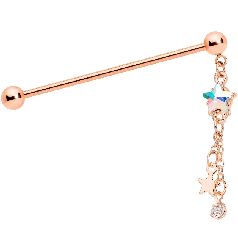 Women's Earrings – Elegant Designs for Every Personality--14 Gauge Aurora Gem Rose Gold Tone Star Dangle Industrial Barbell 38mm
