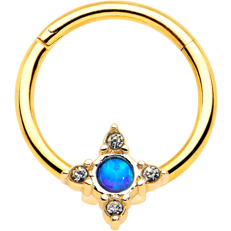 Women's Earrings – Elegant Designs for Every Personality--16 Gauge 3/8 Blue Synthetic Opal Gold Hue Rhombus Hinged Segment Ring Women's Earrings – Elegant Designs for Every Personality--16 Gauge 3/8 Blue Synthetic Opal Gold Hue Rhombus Hinged Segment Ring