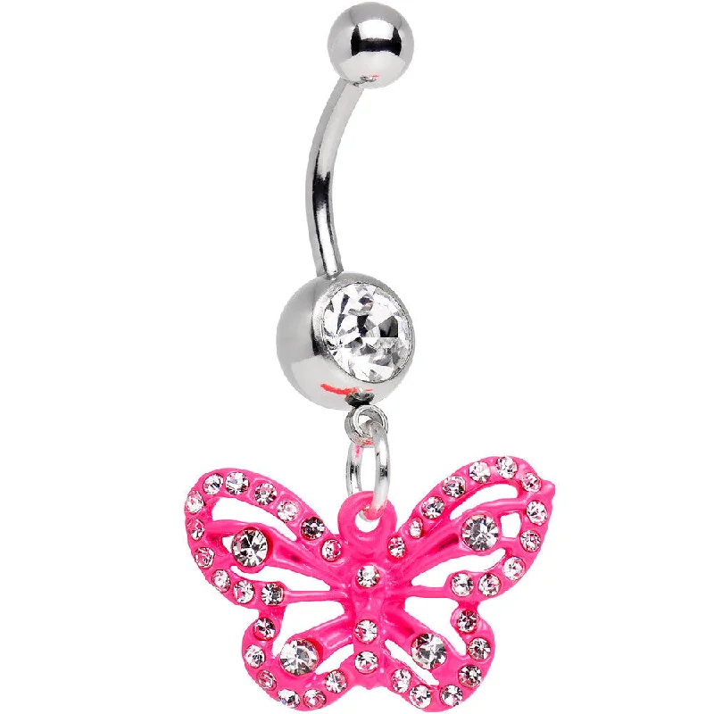 Beautiful Belly Rings with Gemstone Details -Clear Gem Pink Fluttering Butterfly Dangle Belly Ring Beautiful Belly Rings with Gemstone Details -Clear Gem Pink Fluttering Butterfly Dangle Belly Ring