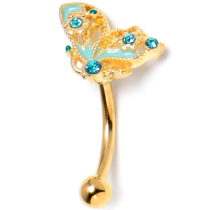 Women's Earrings – Elegant Designs for Every Personality--16 Gauge 5/16 Blue Gem Gold Tone Rococo Butterfly Curved Eyebrow Ring