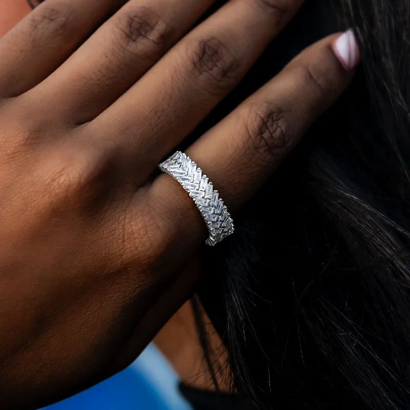 Chic Women's Rings for Fashion-Forward Looks-Diamond Baguette Herringbone Ring in White Gold Vermeil Chic Women's Rings for Fashion-Forward Looks-Diamond Baguette Herringbone Ring in White Gold Vermeil