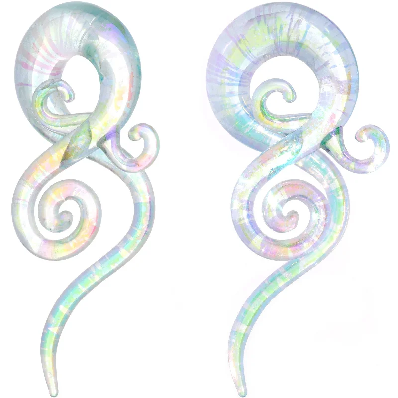 Women's Earrings – Elegant Designs for Every Personality--7/16 White Glass Shimmer Swirl Twirl Spiral Taper Set