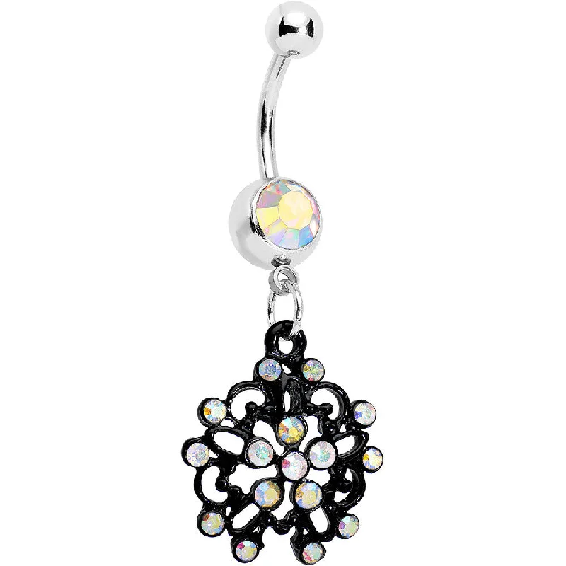 Trendy Belly Rings with Sparkling Stones -Aurora Czech Stone Black Intricate Snowflake Dangle Belly Ring Trendy Belly Rings with Sparkling Stones -Aurora Czech Stone Black Intricate Snowflake Dangle Belly Ring