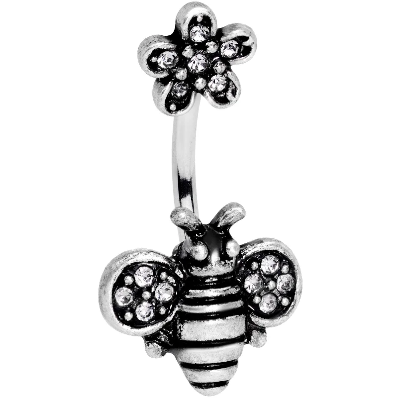 Stunning Belly Rings for Bold Fashion -Clear Gem Bumble Bee Blossom Flower Double Mount Belly Ring Stunning Belly Rings for Bold Fashion -Clear Gem Bumble Bee Blossom Flower Double Mount Belly Ring