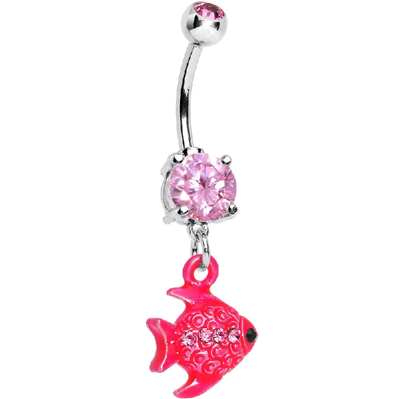 Trendy Belly Rings for Unique Fashion -Pink Gem Neon Angel Fish Dangle Belly Ring