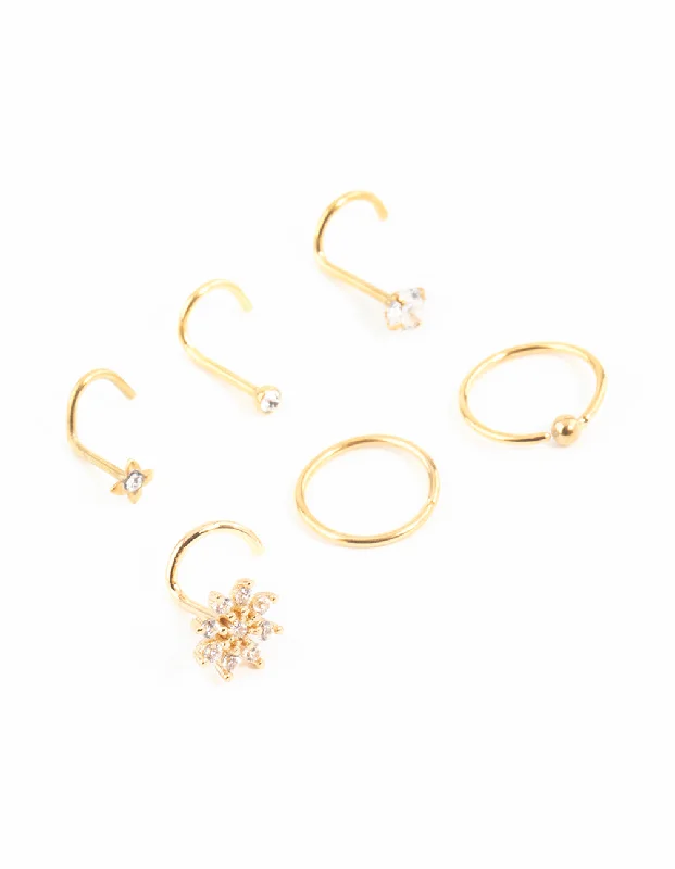 Nose Rings with Cute Designs -Gold Plated Surgical Steel Cubic Zirconia Flower Nose Ring & Stud 6-Pack