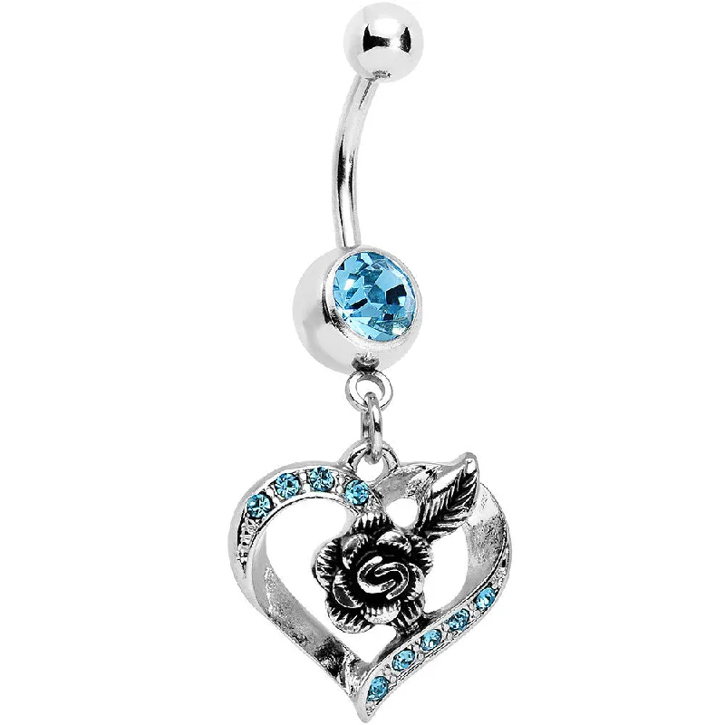 Elegant Belly Rings with Beautiful Accents -Aqua Gem Tattoo Rose Flower in a Hollow Heart Dangle Belly Ring Elegant Belly Rings with Beautiful Accents -Aqua Gem Tattoo Rose Flower in a Hollow Heart Dangle Belly Ring