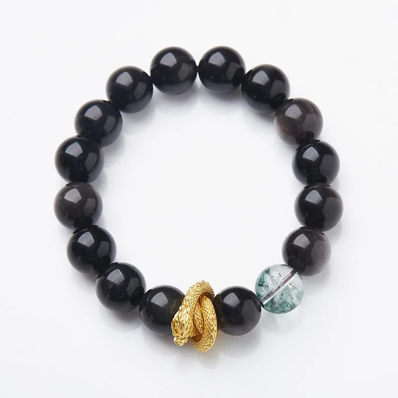 Fashionable Bracelets for Men with Custom Options-Buddha Stones Natural Silver Sheen Obsidian Dragon Green Phantom Protection Bracelet