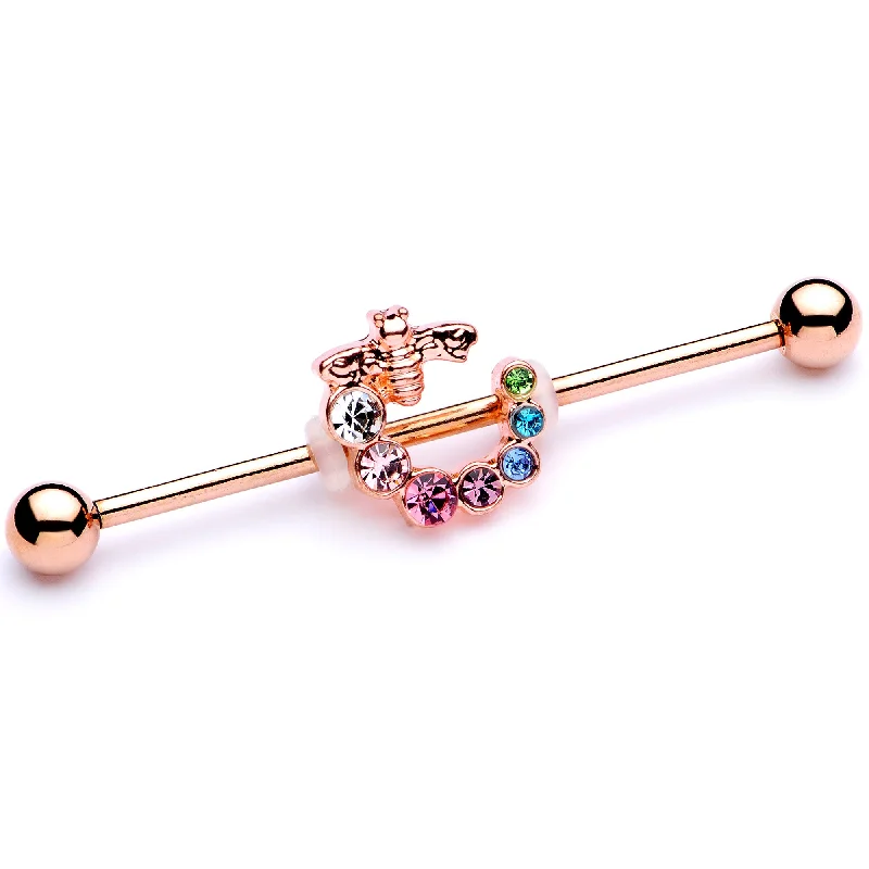 Women's Earrings – Elegant Designs for Every Personality--14 Gauge Multicolor Gem Rose Gold Tone Bee Industrial Barbell 38mm